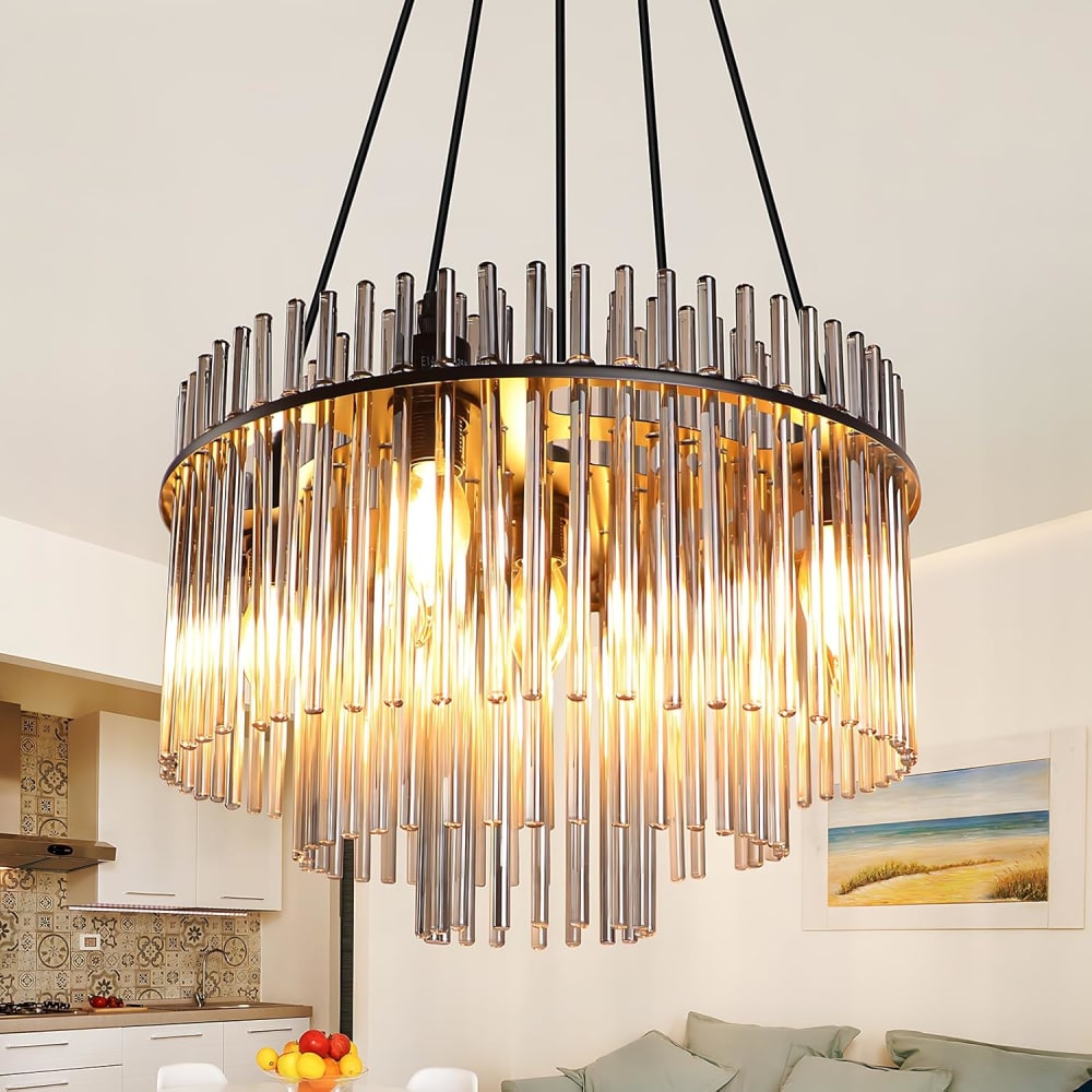 Suspension en verre, fer et pvc, noir mat et gris fumé, h.150cm — vue 3