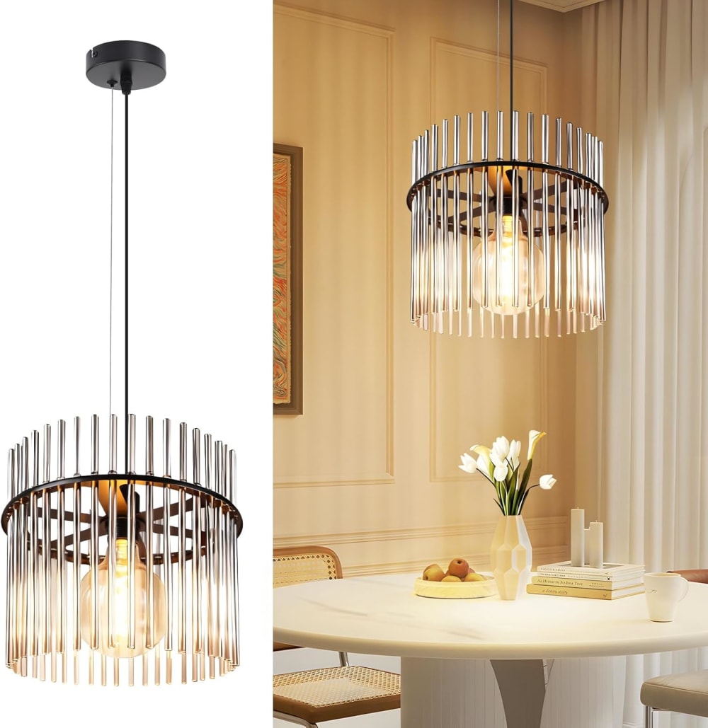 Pendelleuchte, Glass Eisen PVC, H.150CM, Matt-Schwarz Rauchgrau -