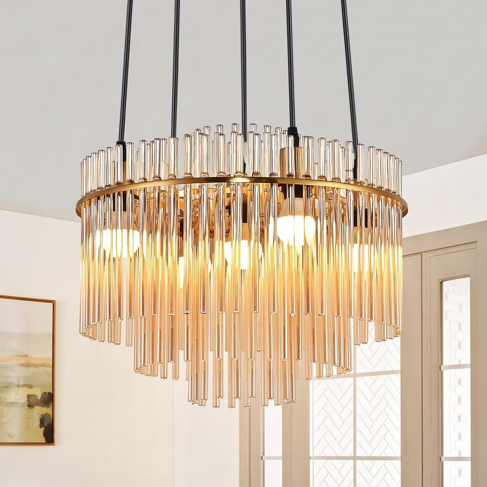 Suspension en verre, fer et pvc, doré et ambré, h.150cm — vue 3