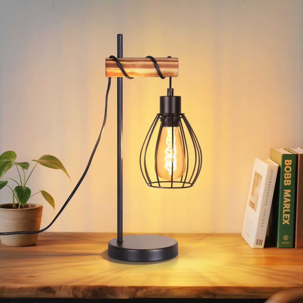 Lampe de table fer bois noir 15x15x46cm e27 — vue 3