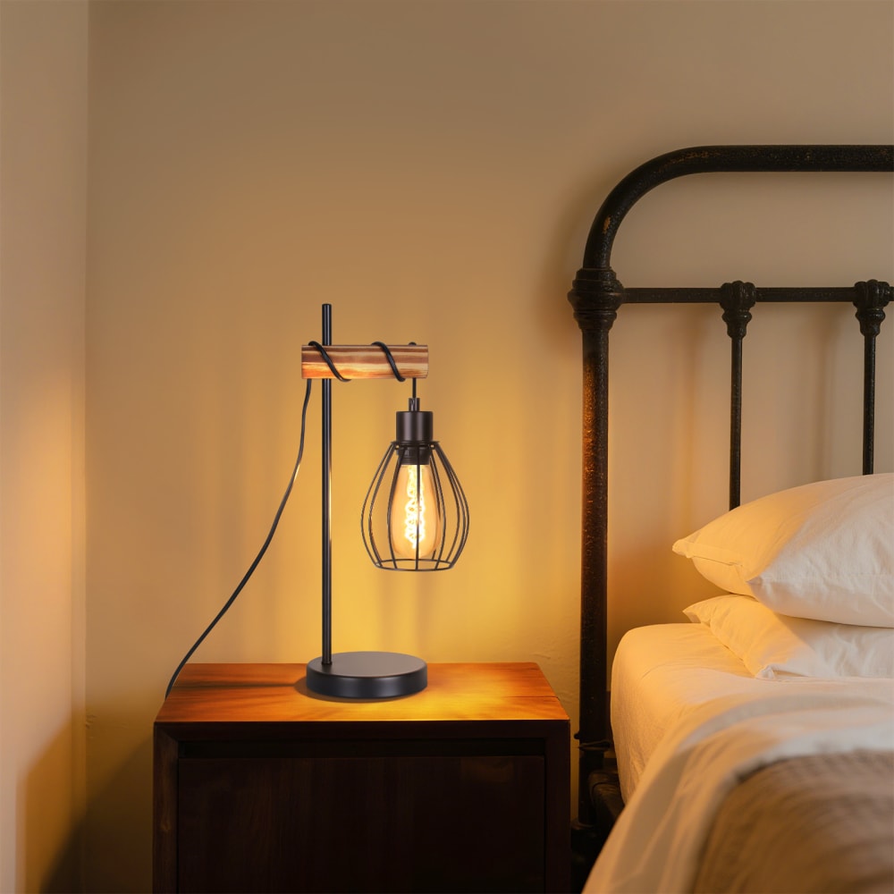 Lampe de table fer bois noir 15x15x46cm e27 — vue 4