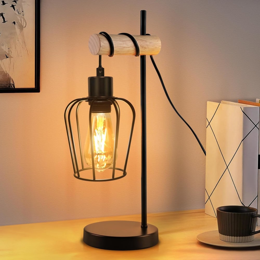 Lampe de table fer bois noir 46x20x15cm e27 — vue 3
