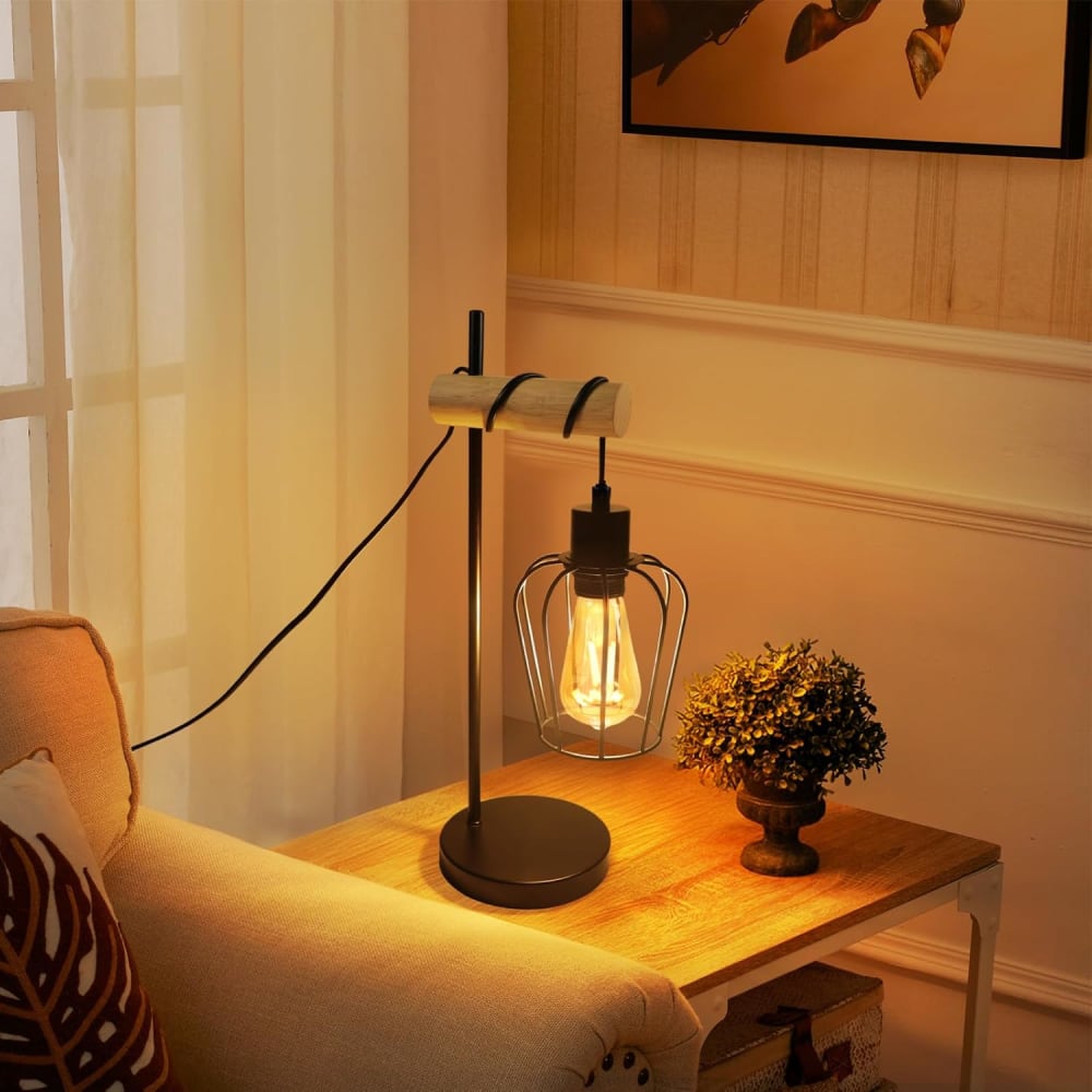 Lampe de table fer bois noir 46x20x15cm e27 — vue 4