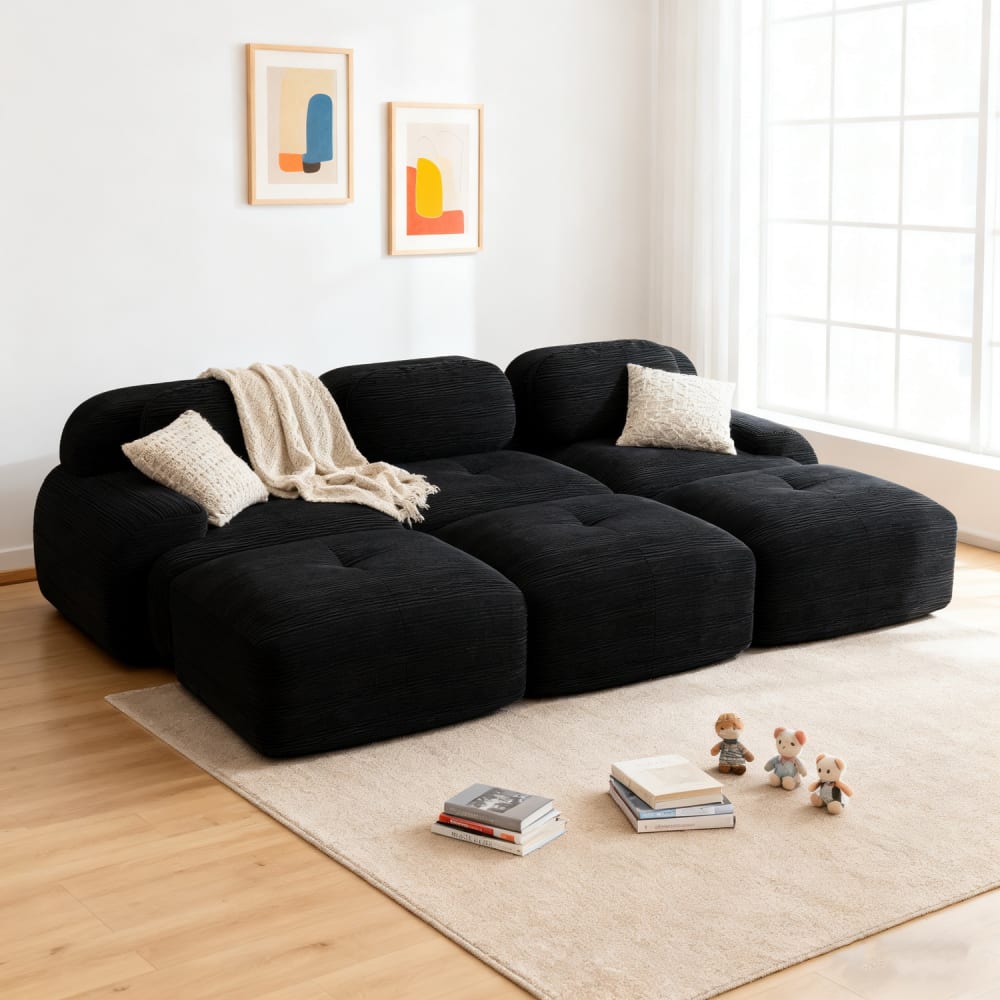 Modulares 3-Sitzer Sofa, rutschfester Boden, Cord, schwarz -