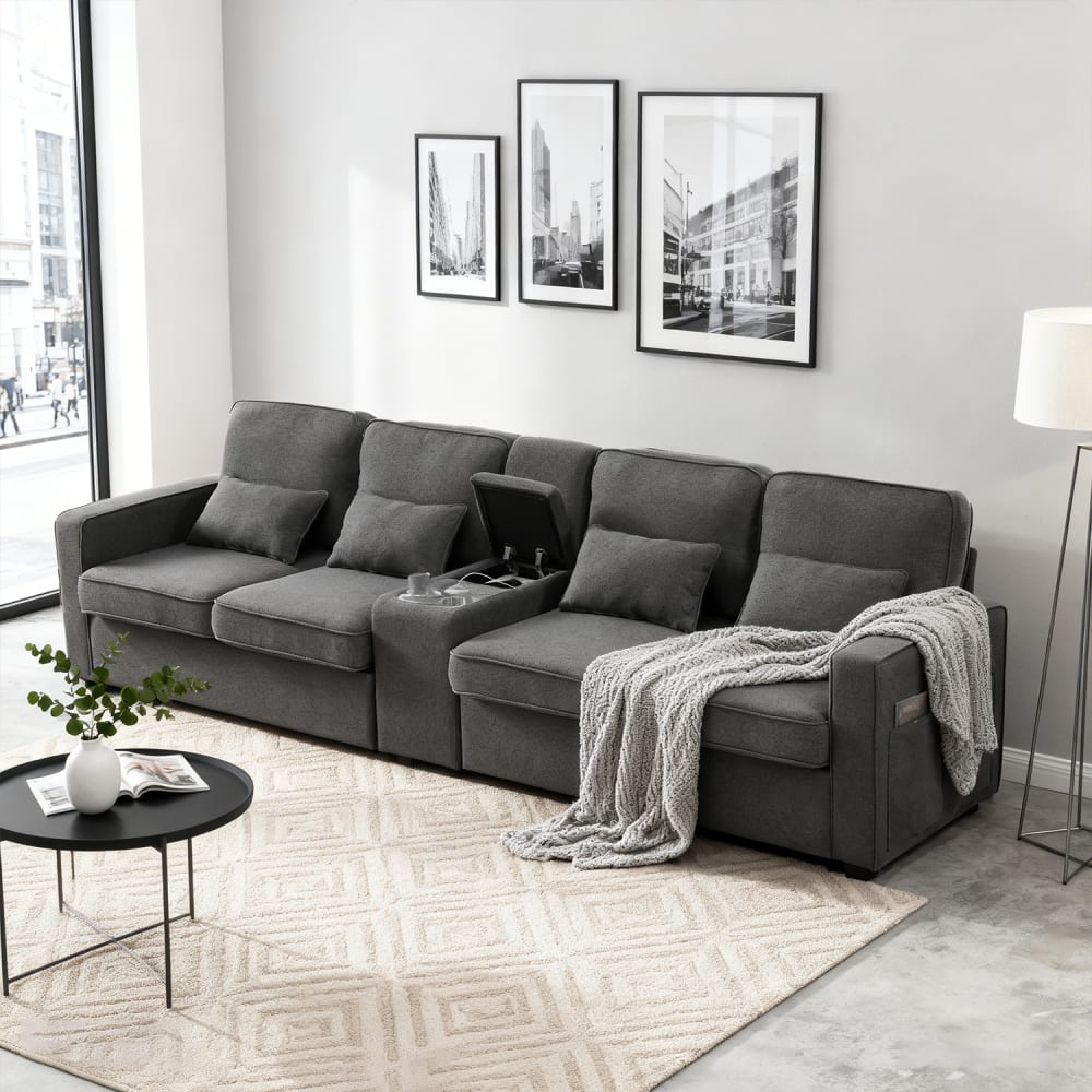 Sofa 4 Sitzer, 2 USB, 2 Getränkehalter, 4 Kissen, Leinen