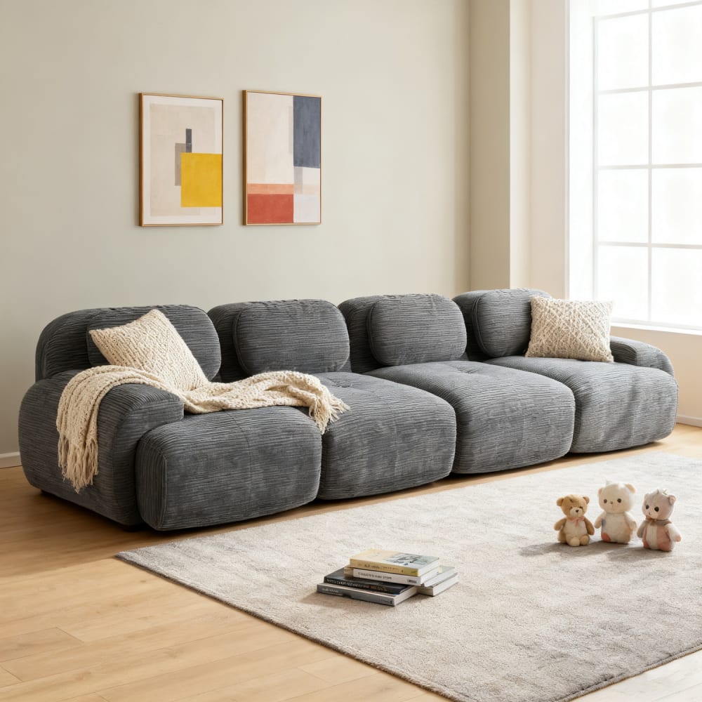 Modulares 4-Sitzer Sofa, Armlehnen, Rippvelours, grau - Maisons