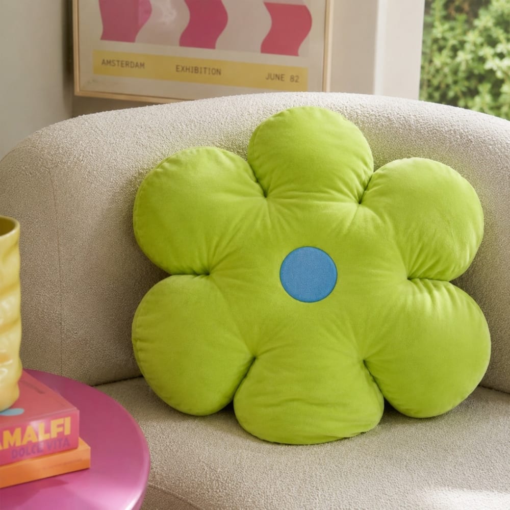 Coussin fleur en velours vert anis et bleu 40x40 cm — vue 3