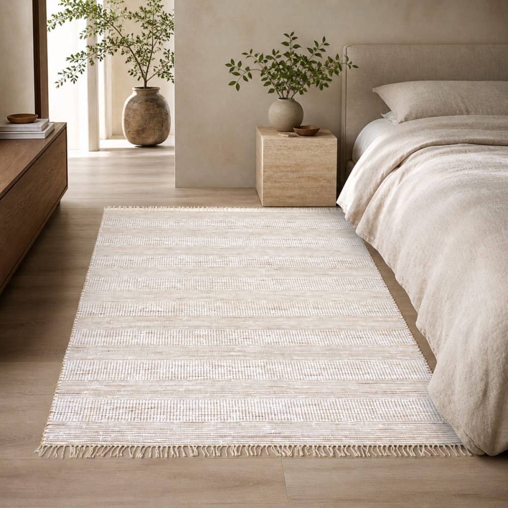 Tapis à franges en coton et jute blanc motif rayé naturel 160x230 — vue 3