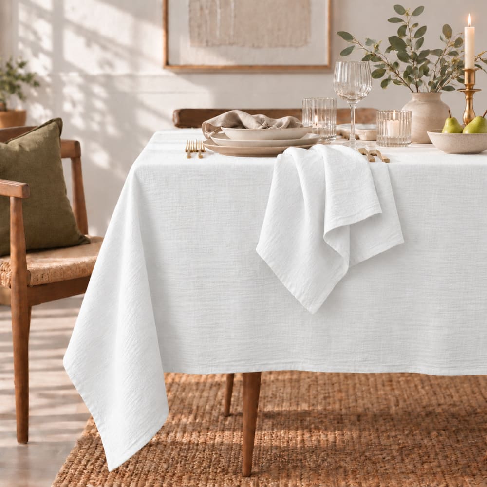 Febronie Tischdeckenset mit 4 Servietten aus Baumwolle 150x250 style classic chic Weiß Öko-Tex Zertifikat Baumwolle
