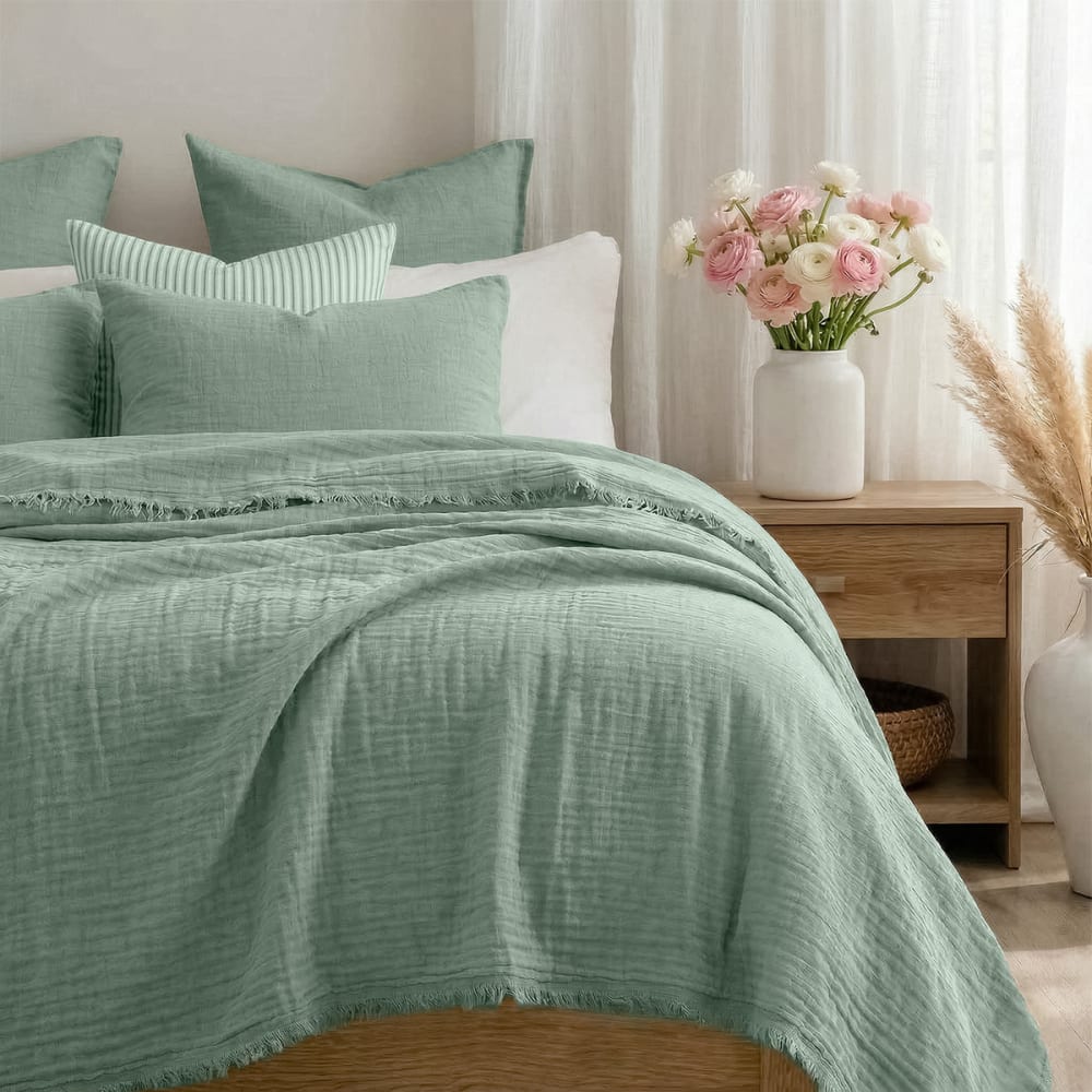 Jeté de lit gaze de coton 270x280 vert céladon