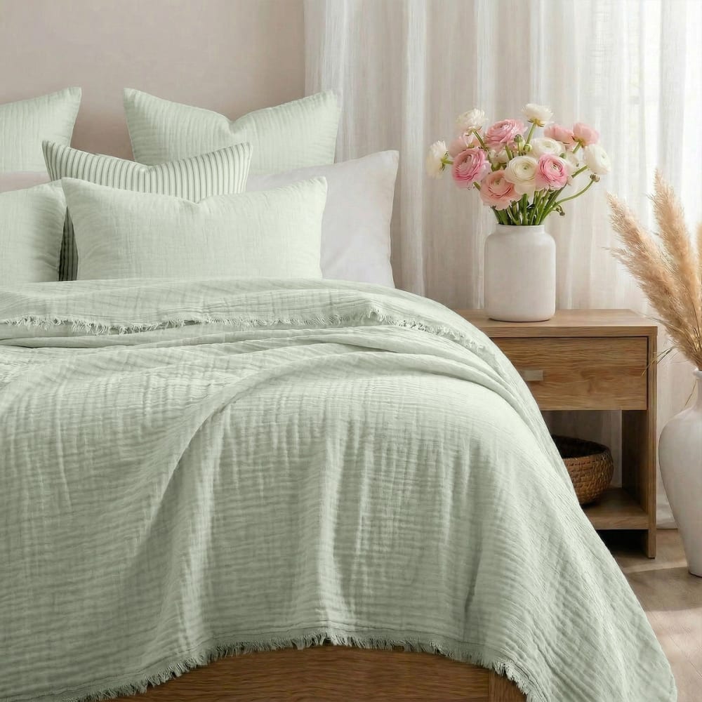 Jeté de lit gaze de coton 230x250 vert amande