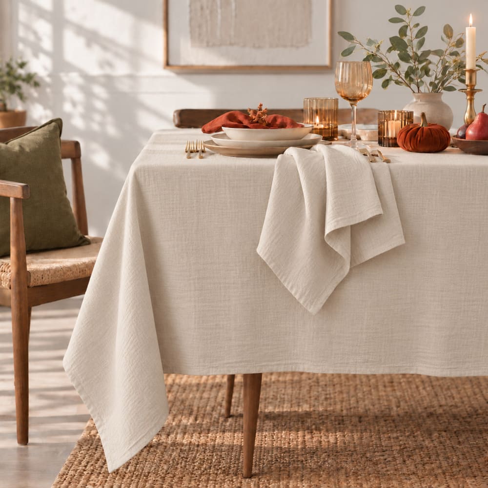 Febronie Tischdeckenset mit 4 Servietten aus Baumwolle 150x250 style classic chic Beige Öko-Tex Zertifikat Baumwolle