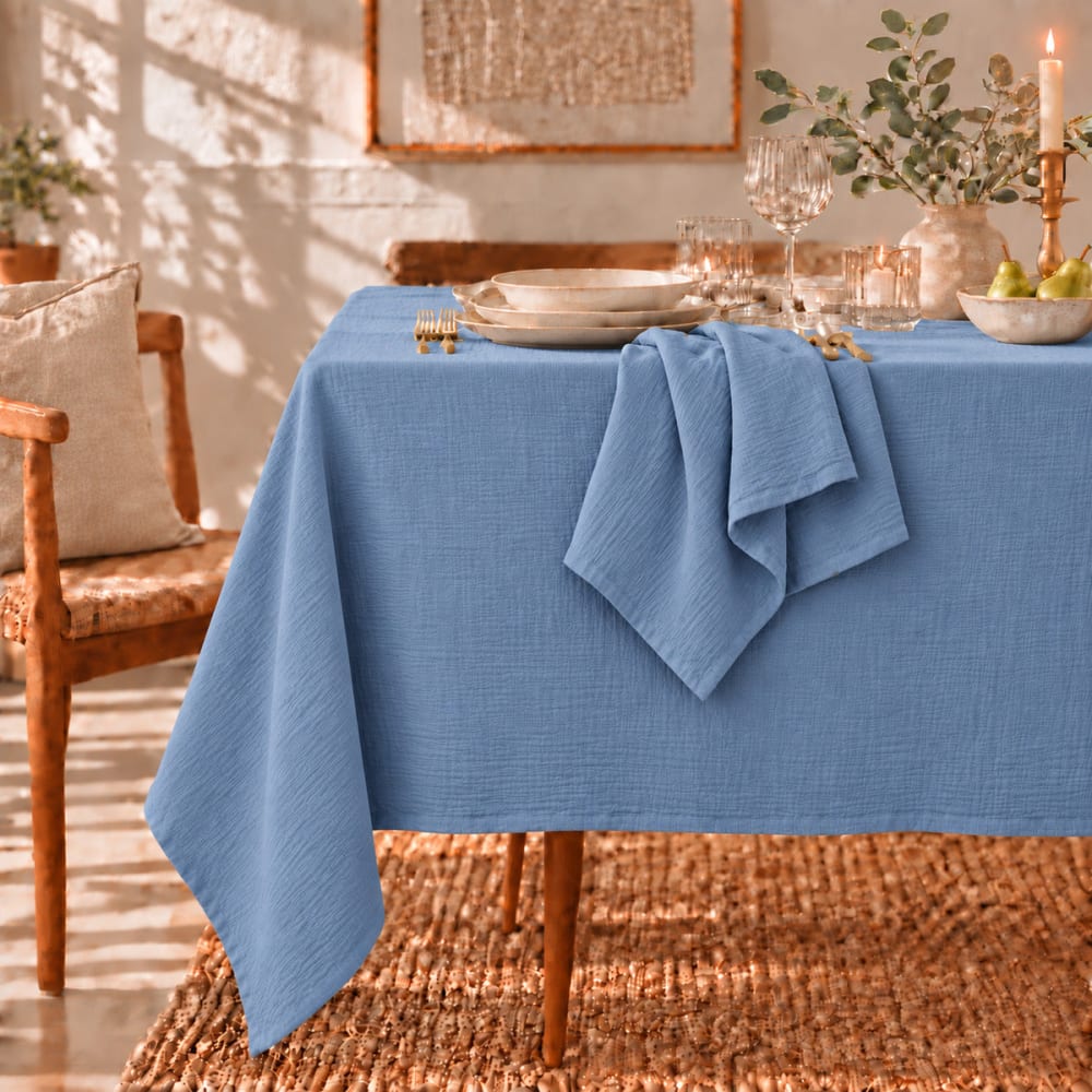 Febronie Tischdeckenset mit 8 Servietten aus Baumwolle 150x350 style classic chic Blau Öko-Tex Zertifikat Baumwolle