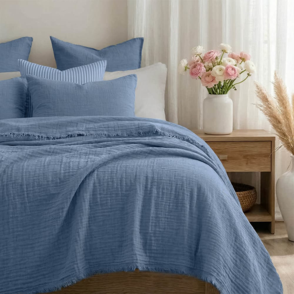Febronie Tagesdecke aus Baumwolle 230x250 style classic chic Blau Öko-Tex Zertifikat Baumwolle