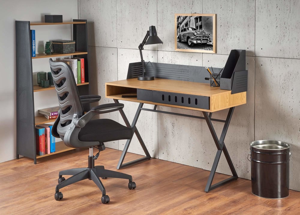 Bureau style industriel  aspect chêne doré et acier noir 110 x 50cm
