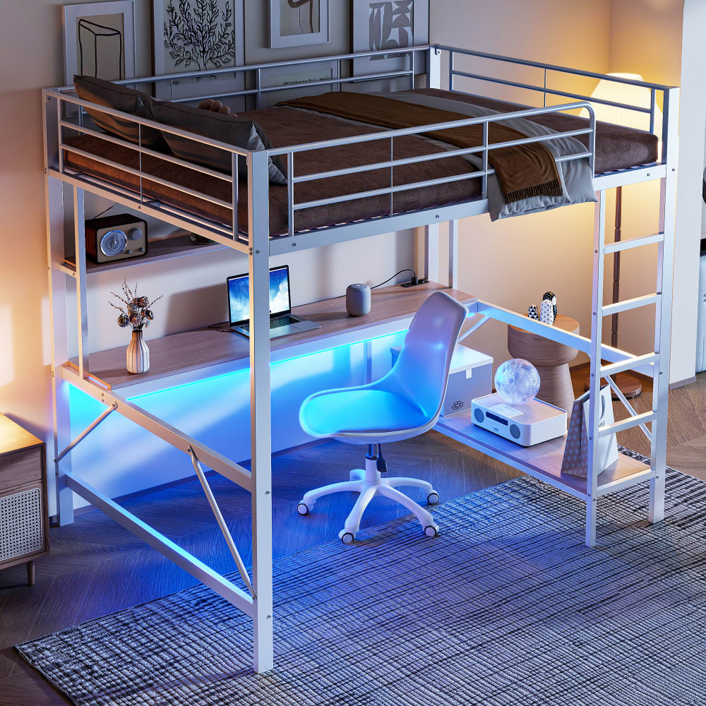 Kinderhochbett 140x200 Schreibtisch Regale USB LED weiß - Maisons