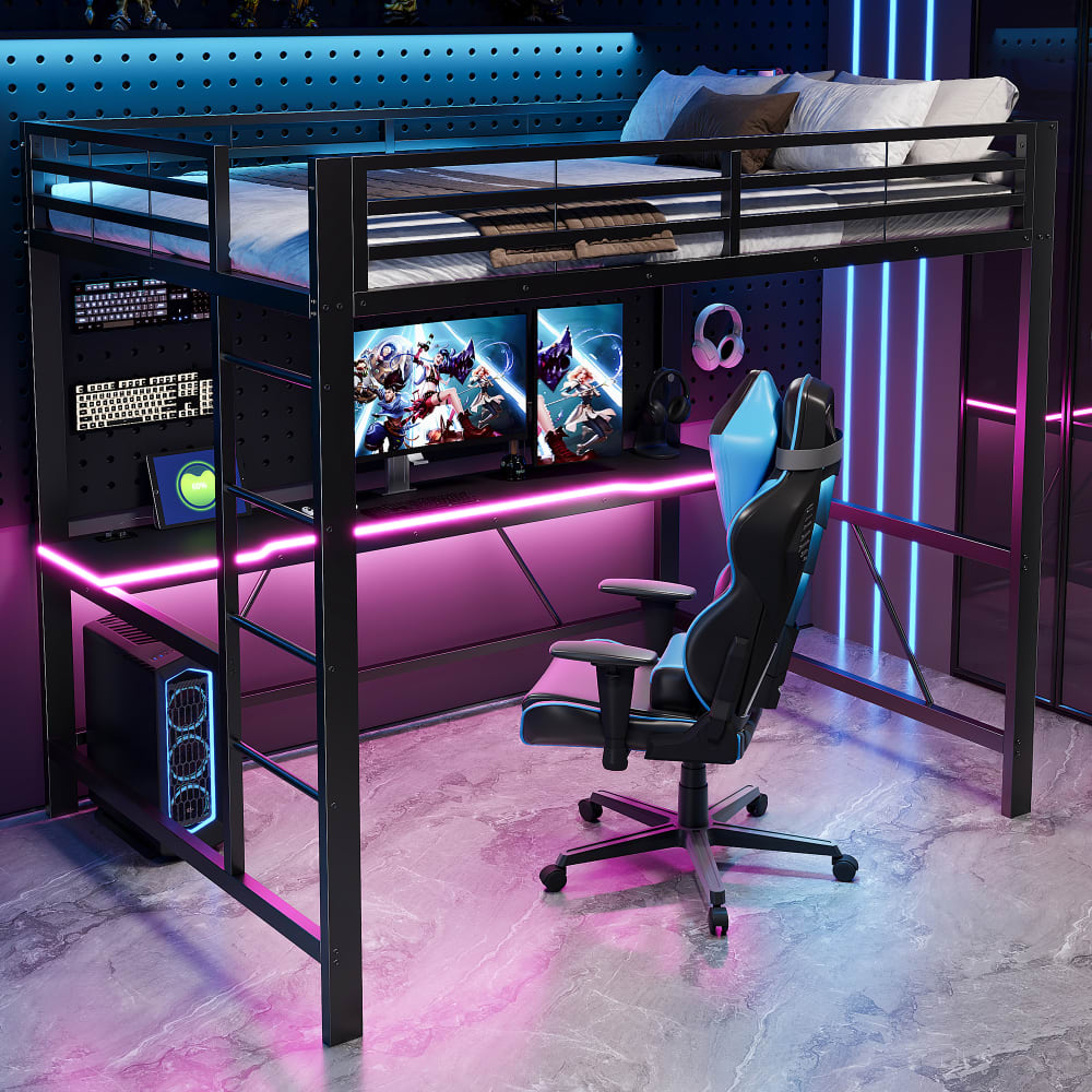 Gaming Hochbett mit Schreibtisch LED USB schwarz 140x200 cm -