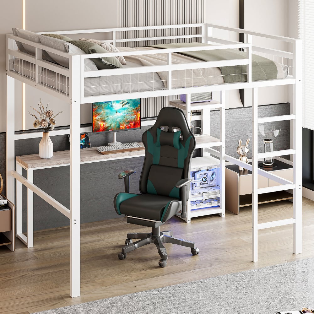 Hochbett 140x200 Tisch USB C Regale aus weißem Stahl - Maisons Du
