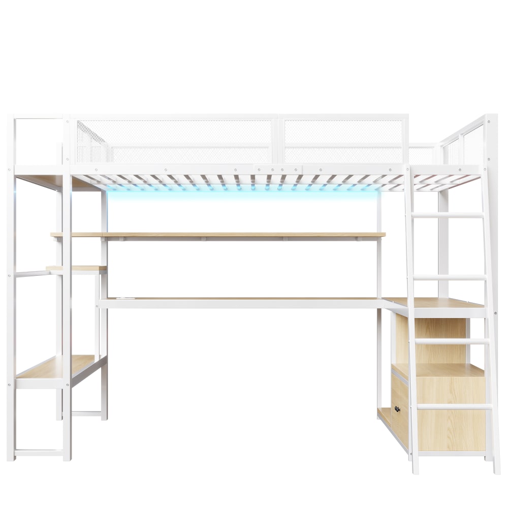 Metall Gaming Hochbett mit Tisch LED Stauraum weiß 140x200 cm -