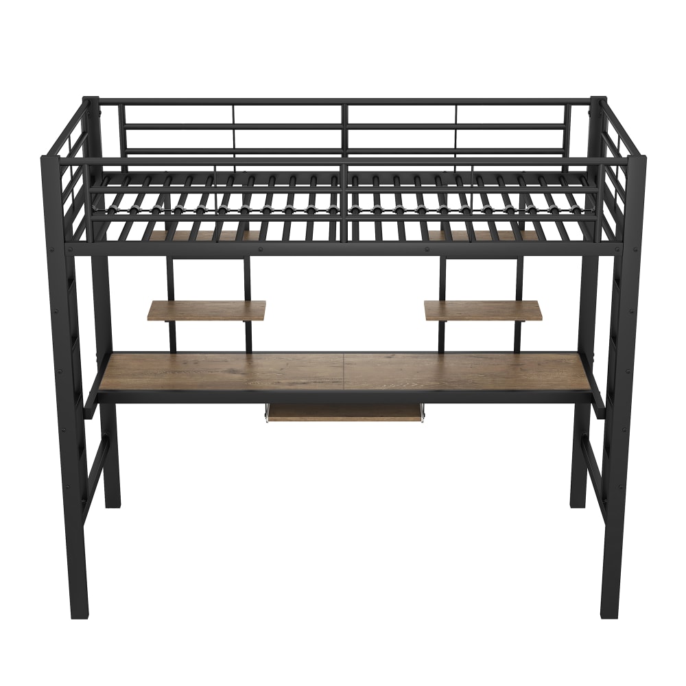 Hochbett 90x200 mit Tisch zwei Bücherregalen aus schwarzem Stahl