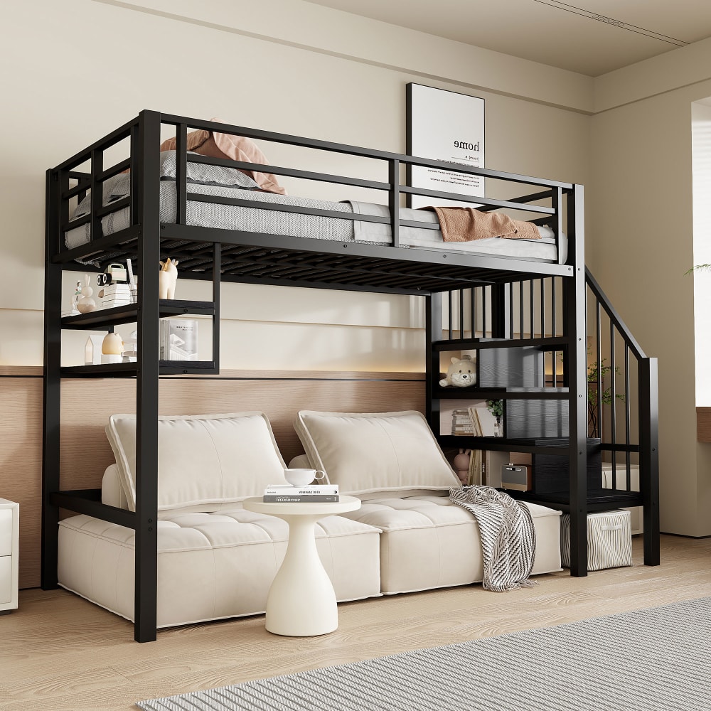 Kinderhochbett 90x200 mit Regalen und Stauraumtreppe schwarz -