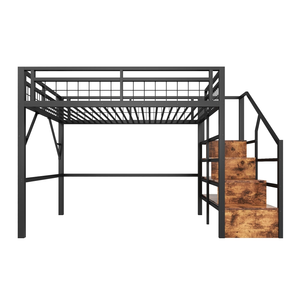 Kinderhochbett 140x200 mit Stauraumtreppe und LED schwarz -