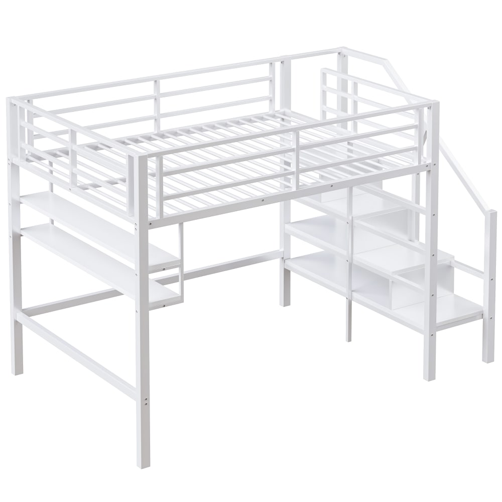 ComfortXL Kinderhochbett 140x200 cm mit Regalen und Stauraum Weiß WEISS STAHL Baby