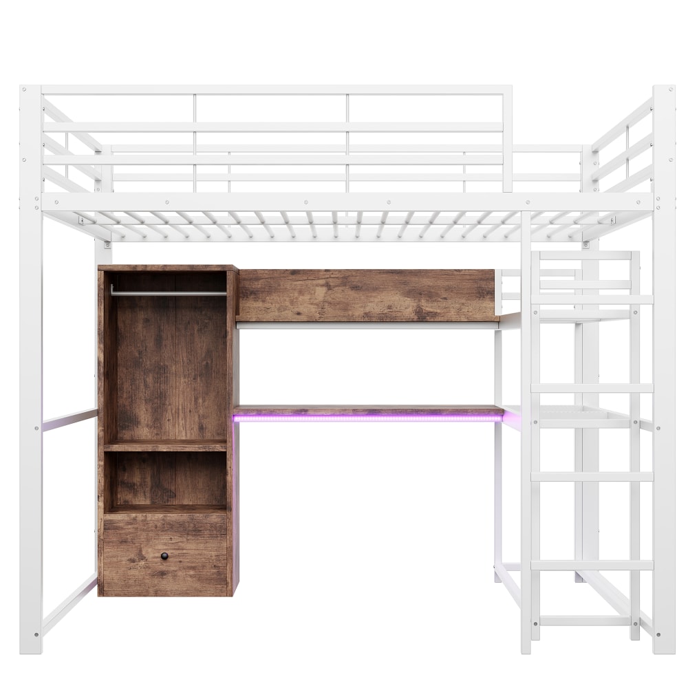 Hochbett 140x200 mit Tisch LED Schublade Stauraum aus weißem