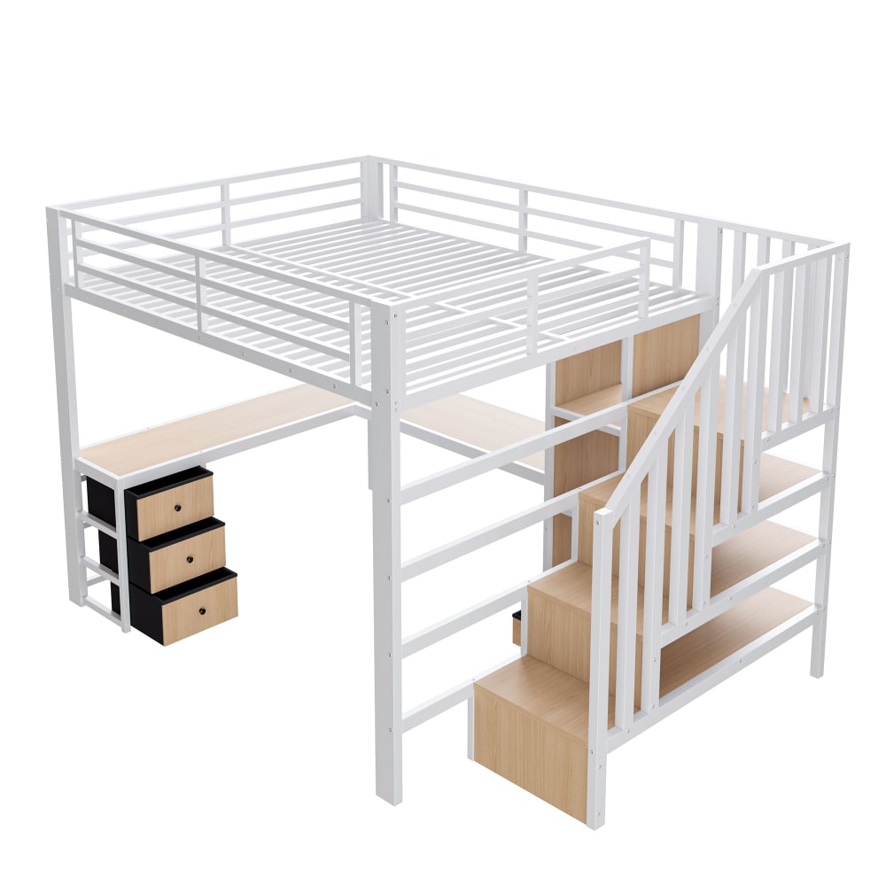 Lit mezzanine enfant 140x200 bureau escalier rangement LED blanc