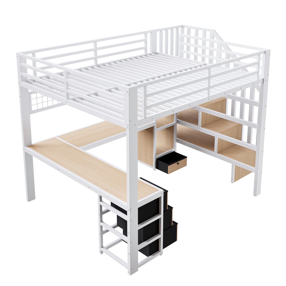 Kinderhochbett 140x200 Schreibtisch Stauraumtreppe LED weiß -