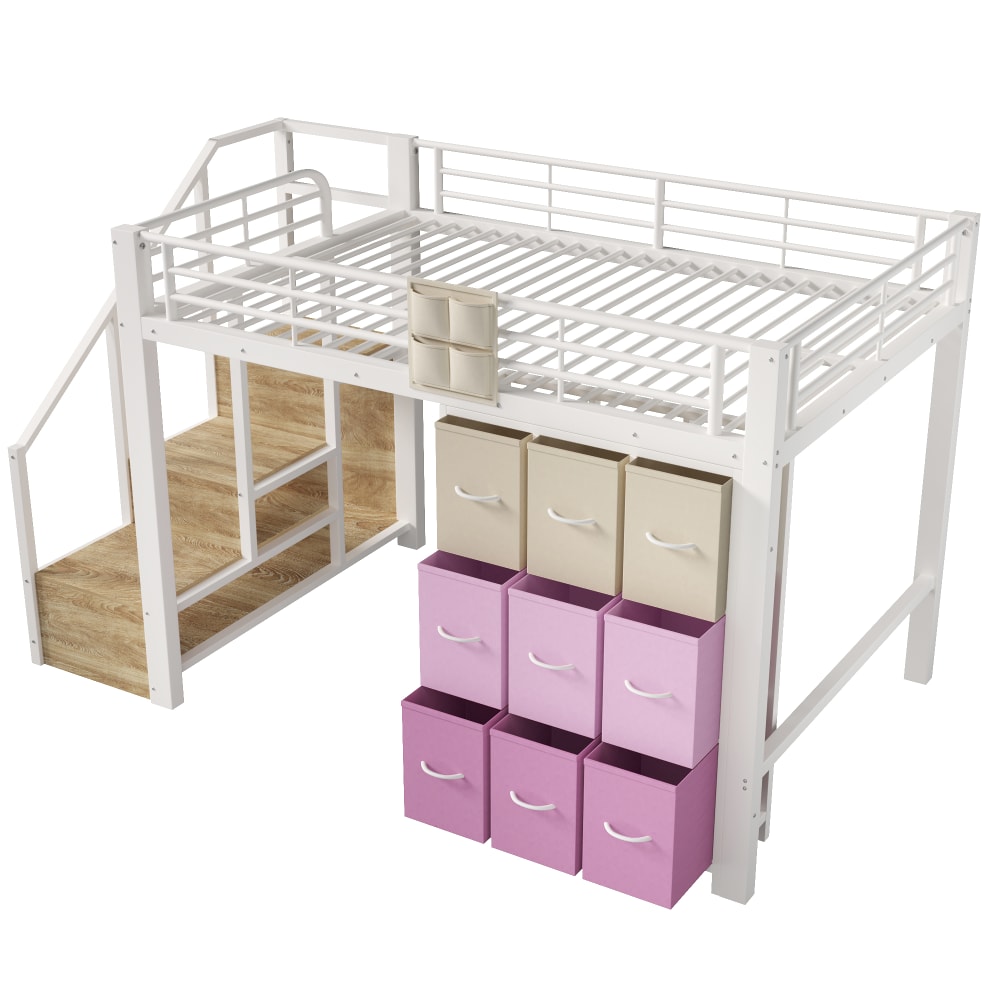 Lit mezzanine tiroirs penderie escalier acier blanc 140x200 cm