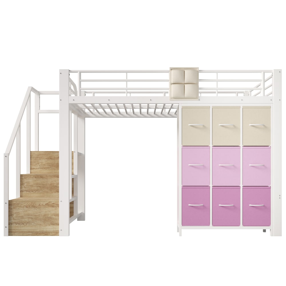 Hochbett 140x200 Schubladen Kleiderstange Treppe Stahl weiß -