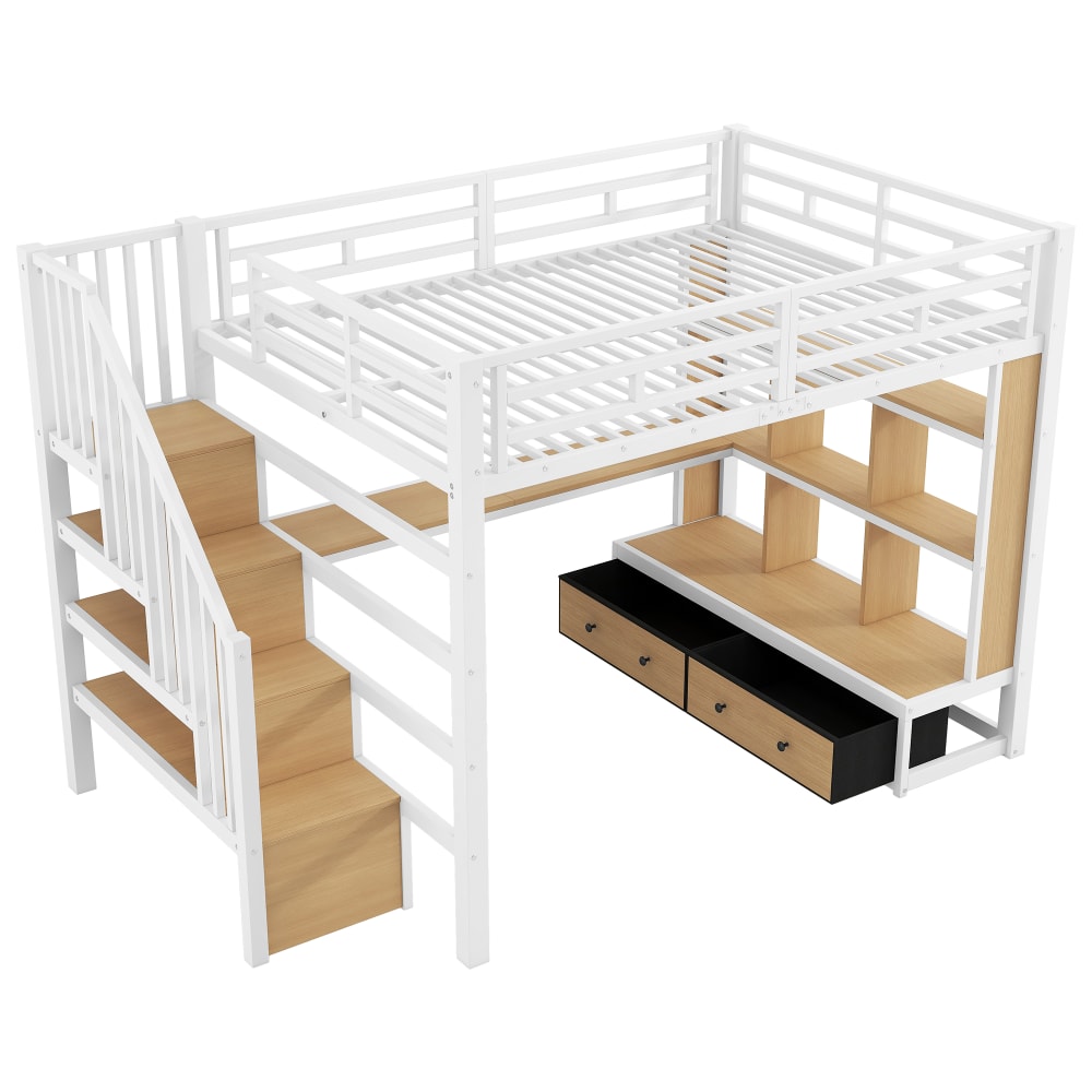 ComfortXL Hochbett Tisch LED zwei Schubladen Stauraumtreppe weiß 140x200 cm Stahl Baby