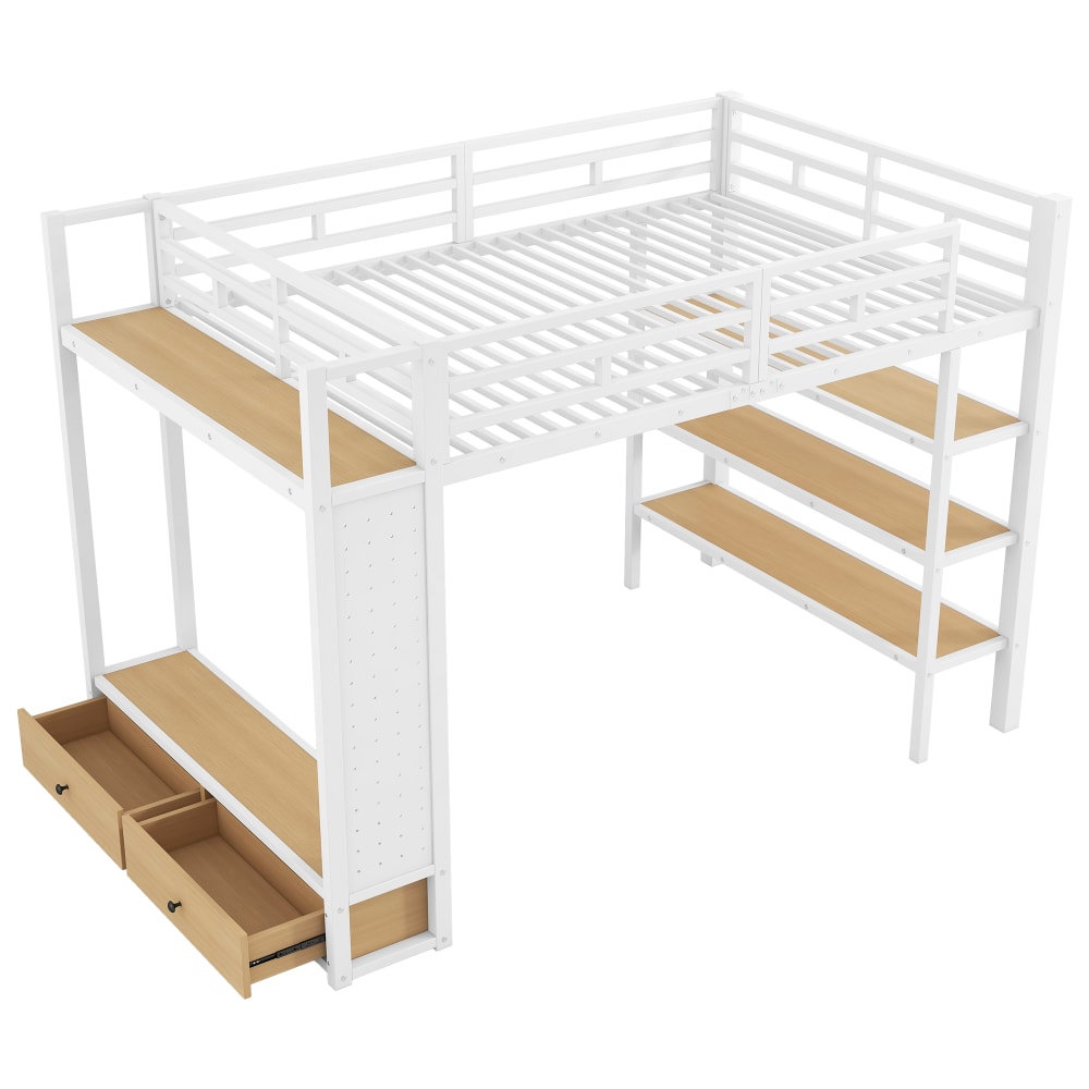 Lit mezzanine armoire ouverte panneau perforé LED blanc 140x200 cm