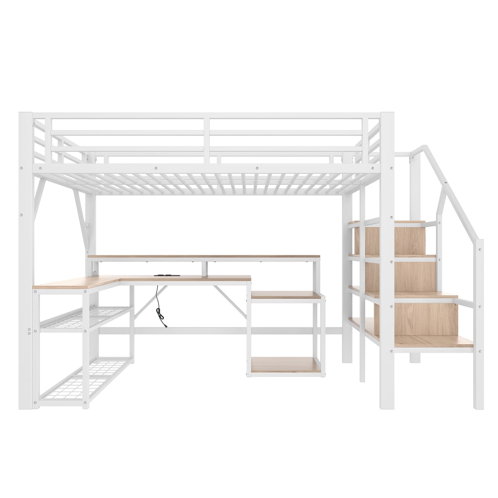 Hochbett 140x200 mit Schreibtisch, USB und LED aus weißem Stahl -