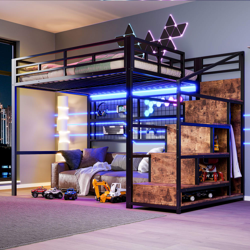 Kinderhochbett 140x200 mit Schrank Stauraumtreppe LED schwarz -