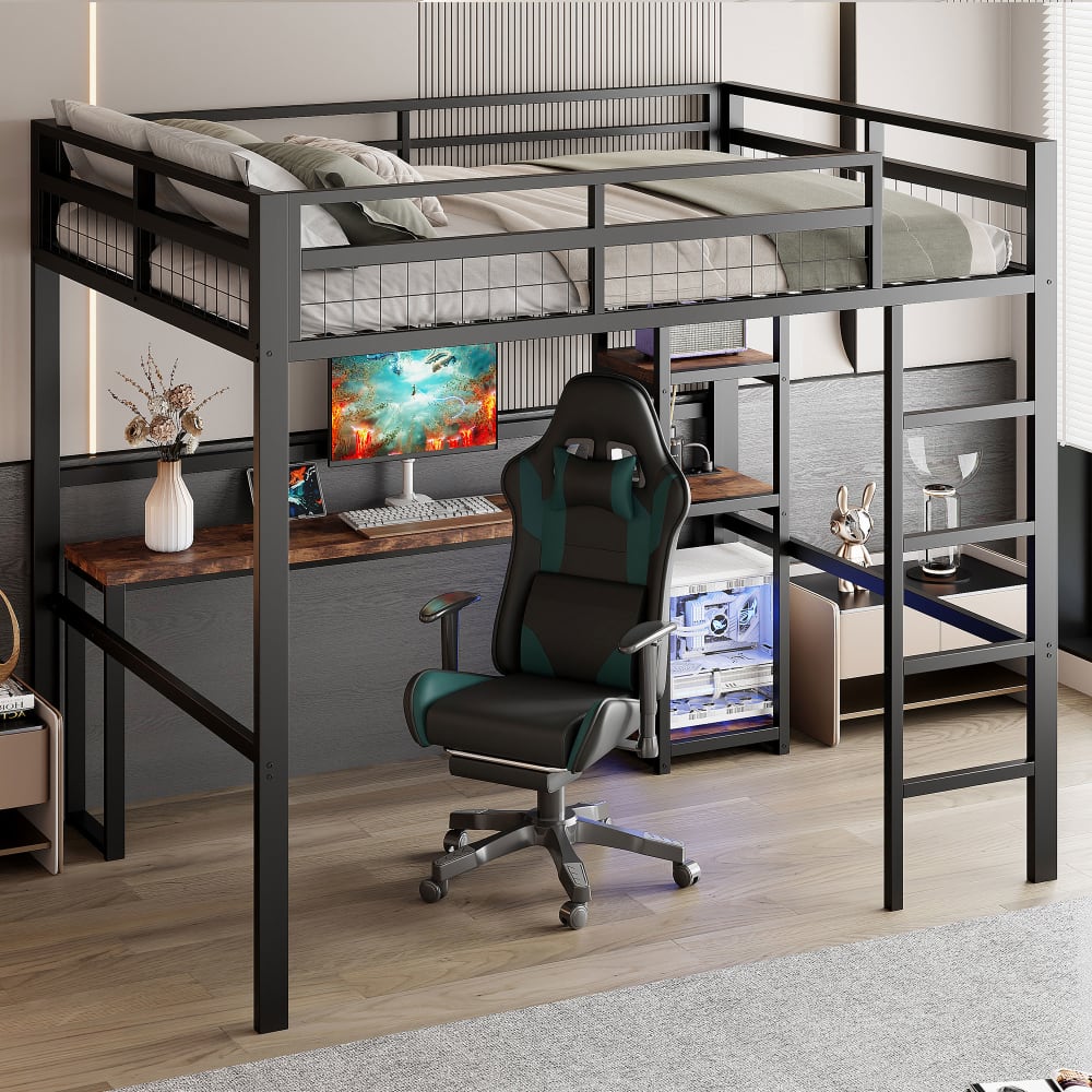 Hochbett 140x200 Tisch USB C Regale aus schwarzem Stahl - Maisons
