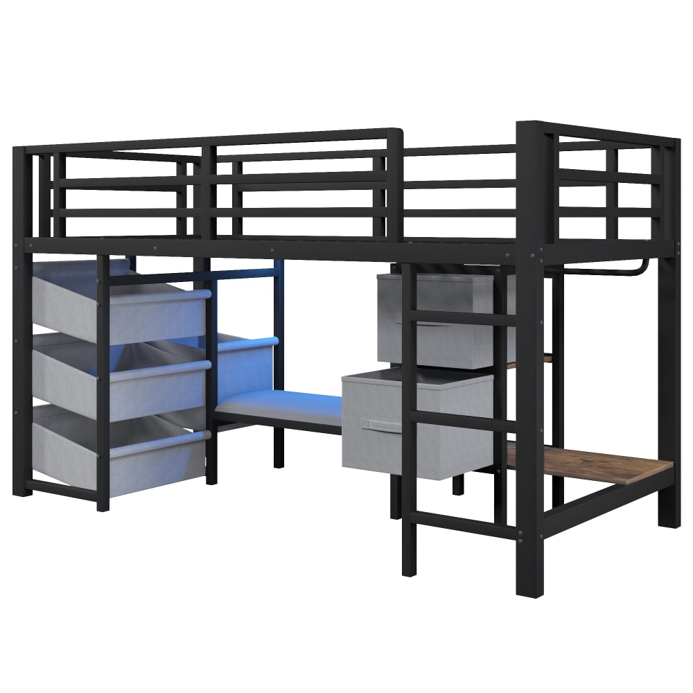 Kinderhalbhochbett 90x200 mit Sitzpolster Stauraum LED schwarz -