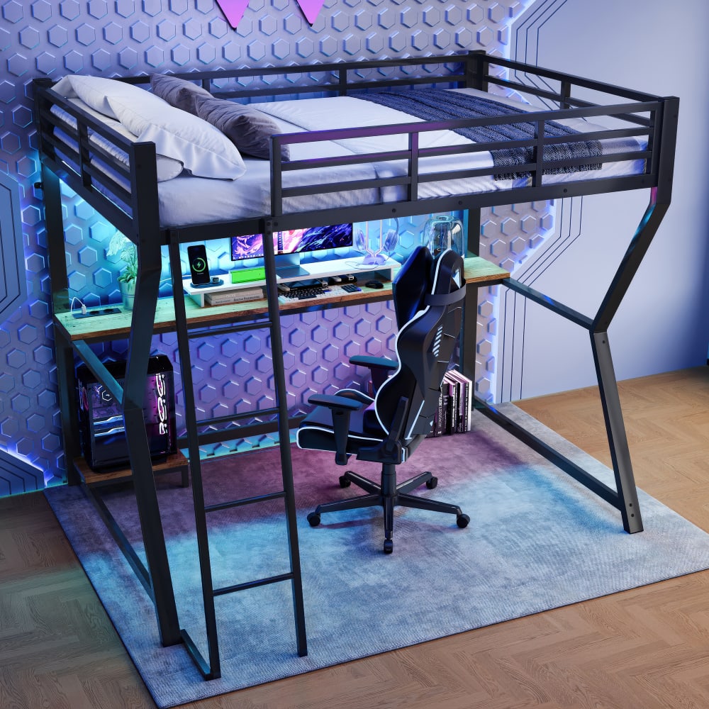 Kinderhochbett 90x200 cm mit Schreibtisch USB LED Schwarz -