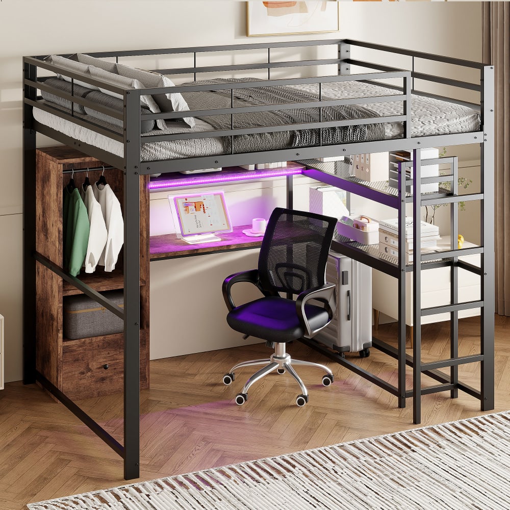 Kinderhochbett 140x200 cm mit Schreibtisch Schublade LED Schwarz