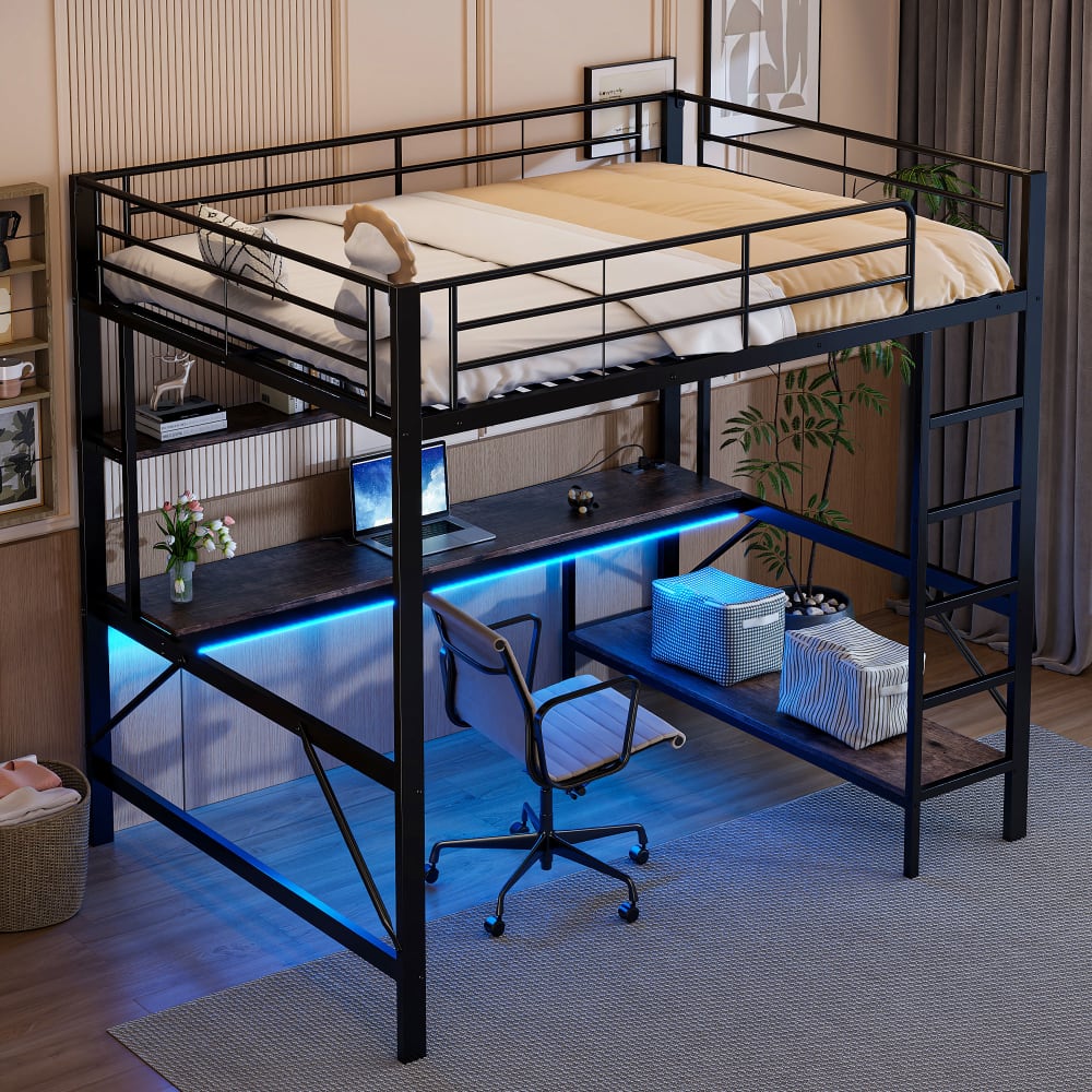 Kinderhochbett 140x200 cm mit Schreibtisch USB LED Schwarz -