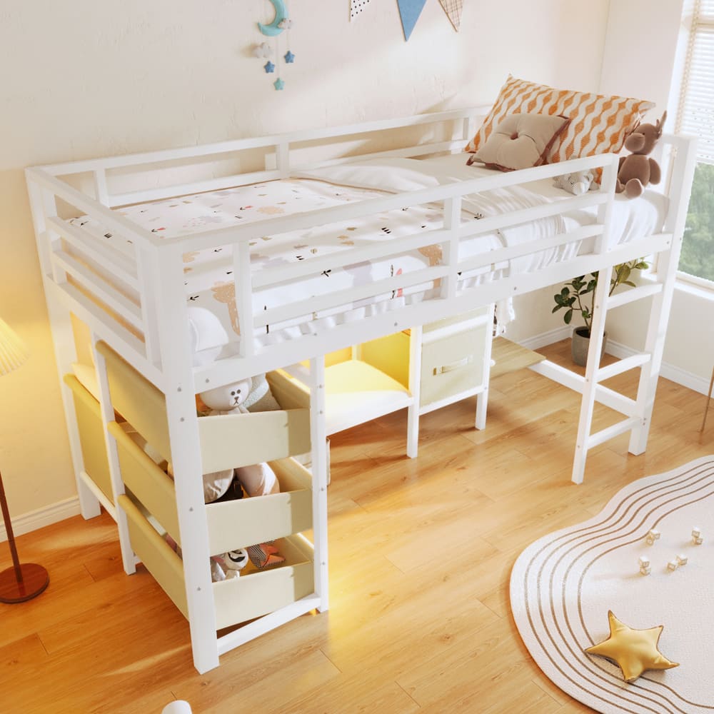 Kinderhalbhochbett 90x200 mit Sitzpolster Stauraum LED weiß -