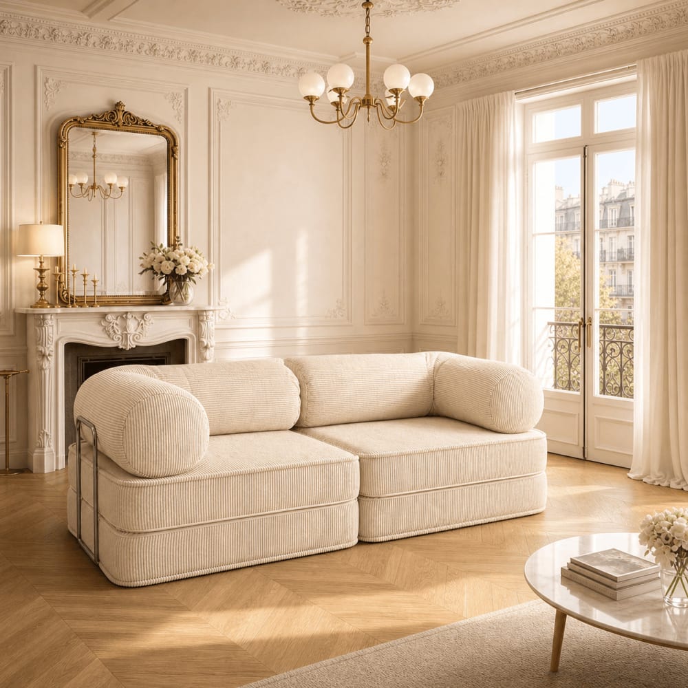 Modulares 2-Sitzer-Schlafsofa aus Cordstoff, creme - Maisons Du