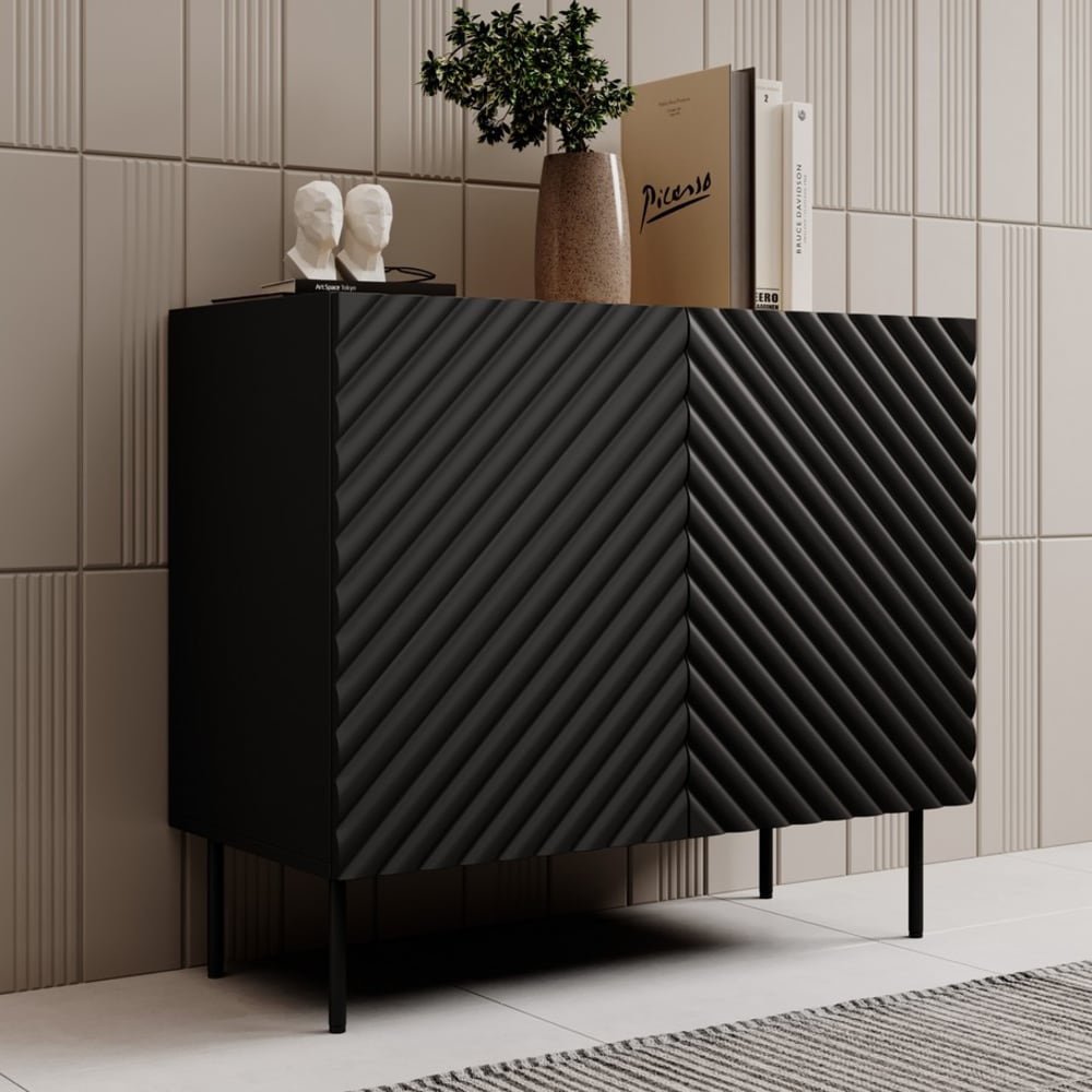 Schwarzes Sideboard aus Holz mit zwei Türen und 3D-Fronten -