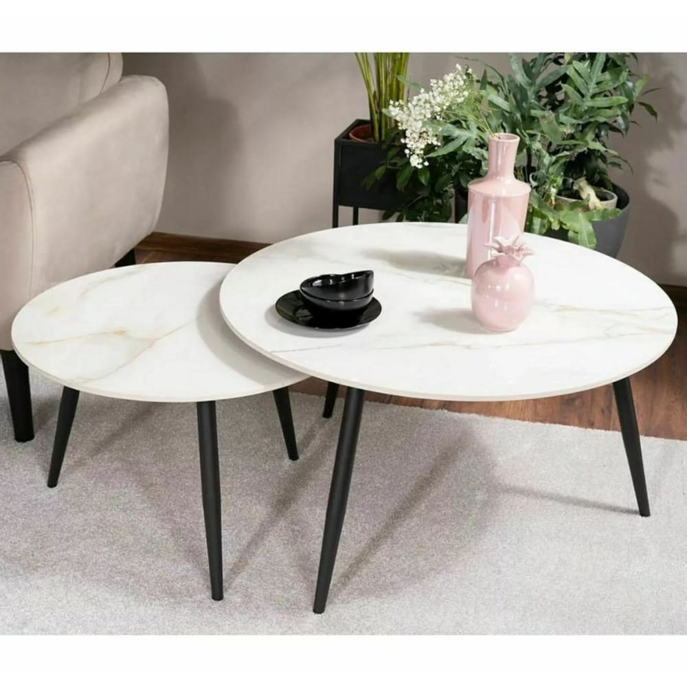 Table basse ronde gigogne avec plateau en céramique blanc