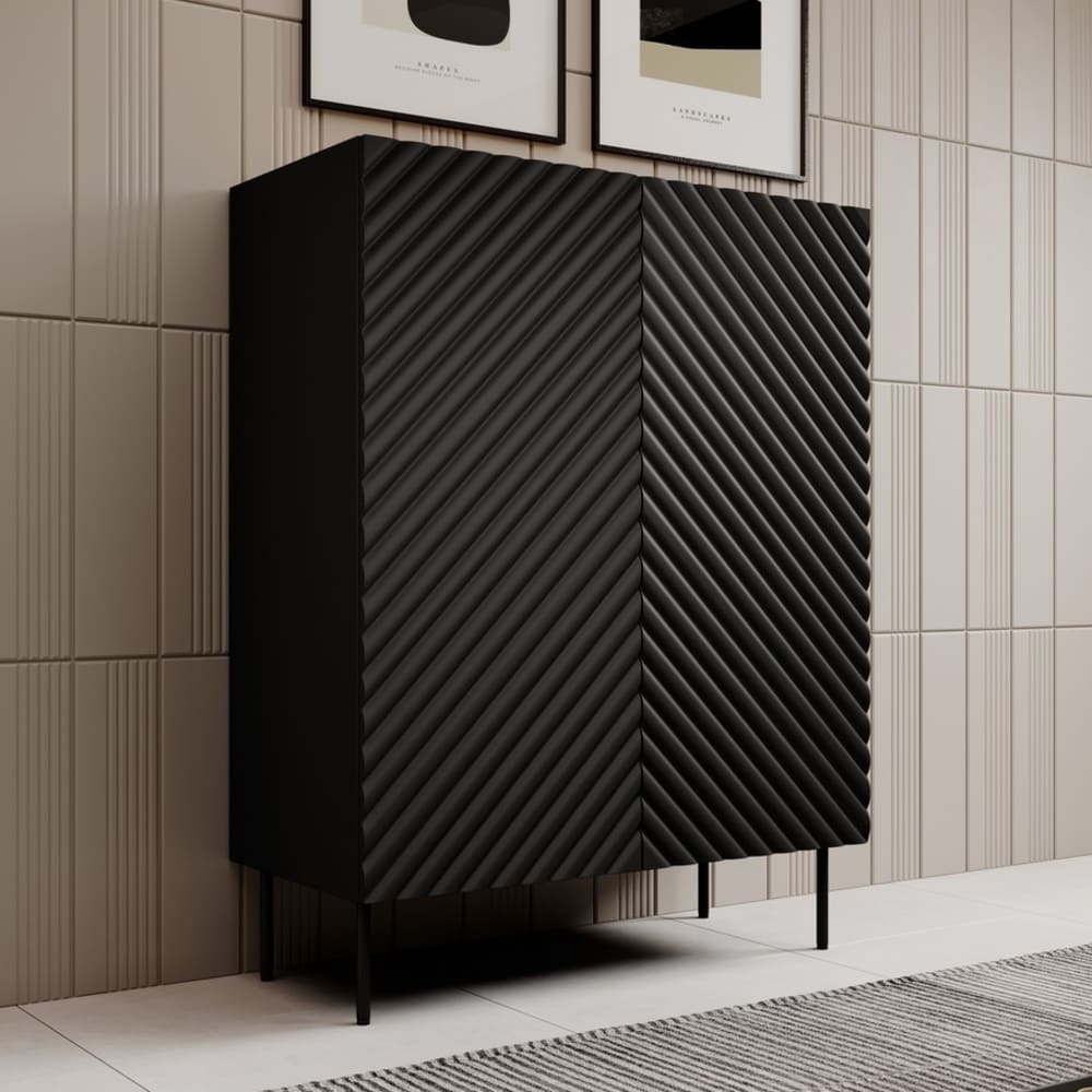 Buffet haut noir mat et bois 2 portes effet 3d