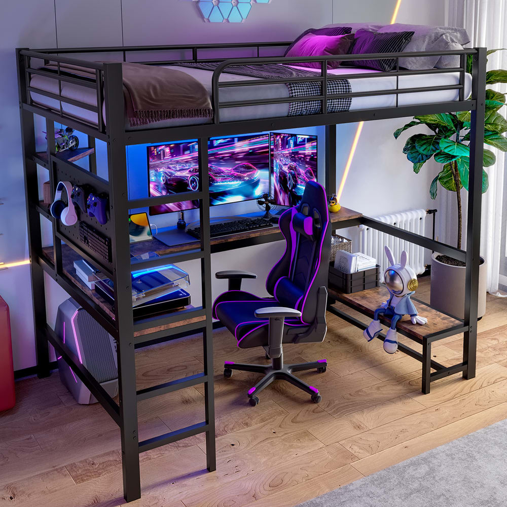 Kinderhochbett 90x200 mit Schreibtisch USB LED Metall schwarz -