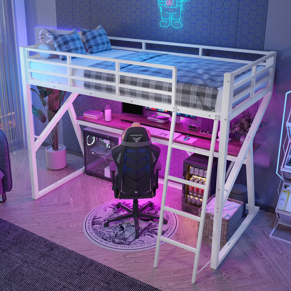 Kinderhochbett 90x200 mit Schreibtisch Leiter LED weiß - Maisons