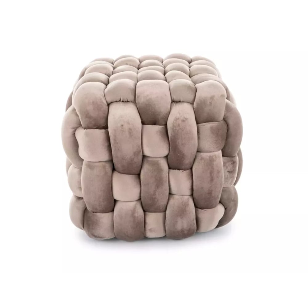 Pouf en velours de polyester beige avec tressage épais