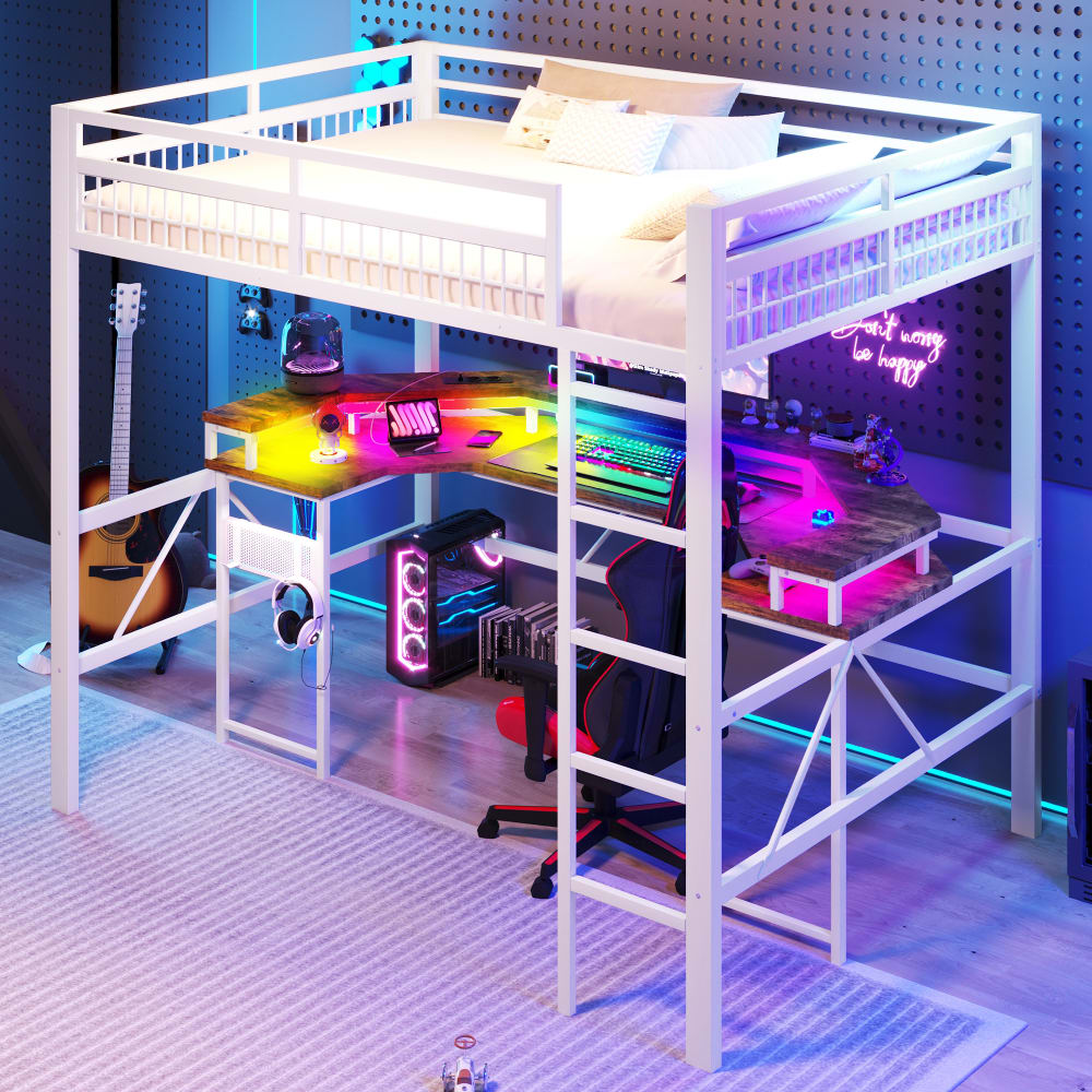 Kinderhochbett 140x200 mit Schreibtisch Steckdosen LED weiß -
